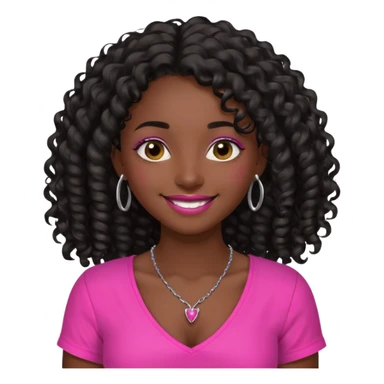 Dark skin girl with long black curly hair with 4 edges 2 on each side wearing a hot pink v-cut neckline shirt with a simple silver necklace sticker