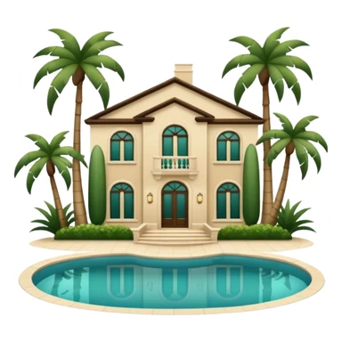 light beige luxurious villa with swimming pool and dark green palm trees, emoji style sticker