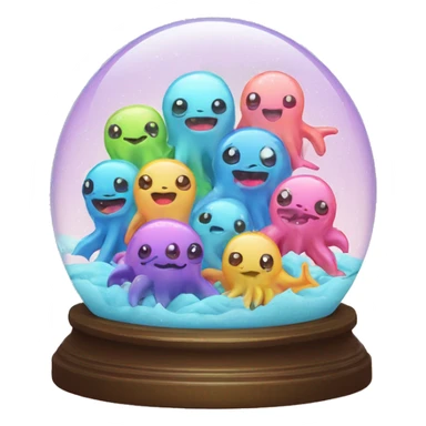 Kawaii rainbow pastel family of sea monsters in neon snow globe  sticker