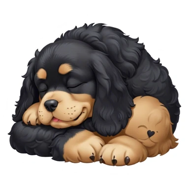 Cinematic Meme-Worthy Chubby Sleeping Black Cocker Spaniel Portrait Emoji, Head resting peacefully with a contented smile, showcasing a delightfully chubby build and a luxuriously soft black coat with gentle tan markings, eyes shut in a serene nap, Simplified yet hilariously adorable features, highly detailed, glowing with a soft, drowsy light, high shine, relaxed and utterly lovable, stylized with an air of playful laziness, bright and heartwarming, soft glowing outline, capturing the essence of a comically sleepy companion, so meme-worthy it feels like it could instantly become the next viral sensation of adorable slumber! sticker