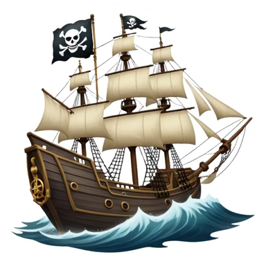 An icon representing an adventure game, inspired by high-seas exploration. The design features a fearless pirate gripping the wheel of a grand sailing ship, its tattered Jolly Roger flag billowing as it cuts through stormy waters. The scene evokes danger, treasure, and the thrill of the open sea. Transparent background. sticker