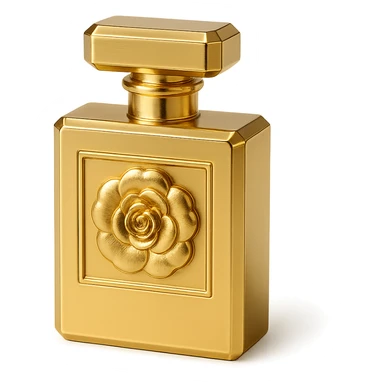 Chanel-inspired perfume bottle, elegant, metallic gold, with a camellia flower accent, luxury fashion vibe sticker