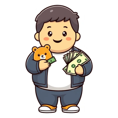 A chubby kid with black bear, holding money smiling and a mask on his chin  sticker