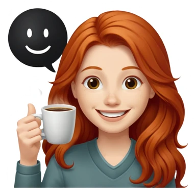 Excited long haired redhead drinking coffee with a sign in front saying GTSY sticker