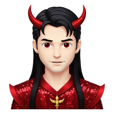 Lucifer from The Bible with long black hair, dark red sequin outfit sticker