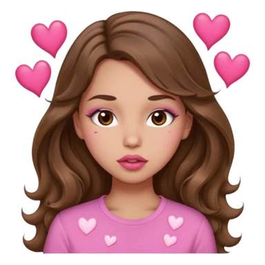 girl with long wavy brown hair, brown eyes, light to medium complexion, in a pink shirt, pink lips, long lashes, puckering lips kissing, blushing with hearts sticker
