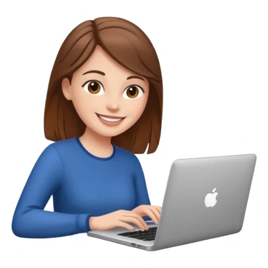 white girl with brown hair using a laptop, smiling sticker