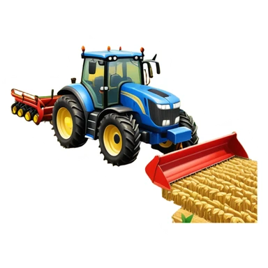 An icon representing a farming simulator, with a detailed tractor plowing fields under a bright sky with rural landscape. The design includes farming tools, crops and barns, symbolizing the immersive experience of managing a farm. Transparent background. sticker