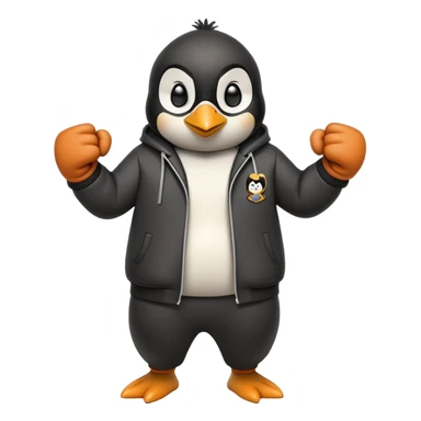 friendly anthropomorphised penguin wearing a mafia-style tracksuit, secretive scheming pose, angry expression, determined stride, holding a knuckle duster sticker