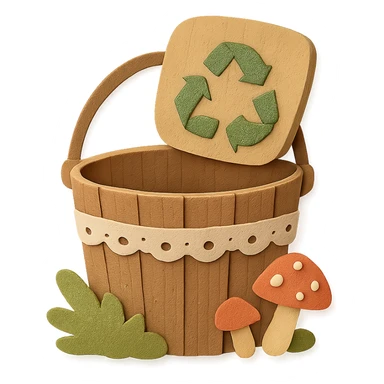 empty recycling bin rustic wooden pail with lace, moss, mushrooms, open and empty, no text, transparent background, cottagecore style sticker