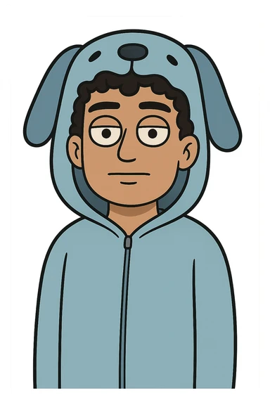 cartoon face of OMZ, blue dog onesie hood, curly black hair, brown eyes, same expression, same line style sticker