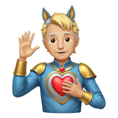 An elderly man with golden skin, his body shining like polished metal, wearing a horse cosplay costume with horse ears and a tail. He is making a heart shape with his hands and blushing slightly, showing a shy and embarrassed expression. sticker