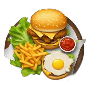 Hamburger with fried chicken, sauce, salad, and cheese sticker