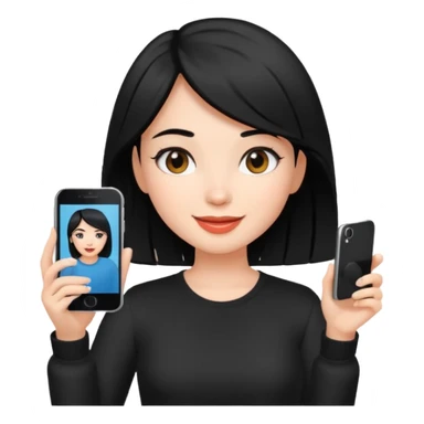 influencer girl black haired, phone in hand, recording herself, confident, trendy, sticker