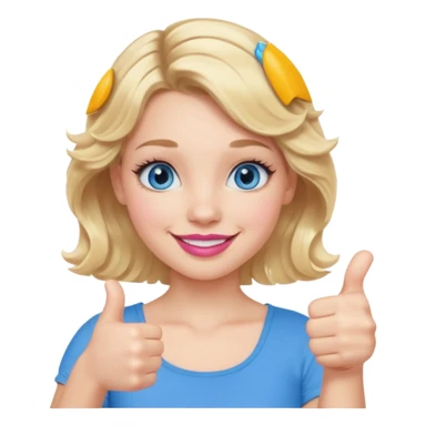Girl Blonde short wavy hair,  blue eyes, cute blue top, long lashes, pink lips, smiling, 👍🏻 sticker