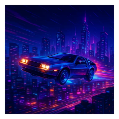 flying car zooming above a glowing cityscape, sci-fi style sticker