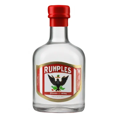 clear bottle of rumpleminze clear peppermint schnapps alcohol with a black label that has a red border and red font and the label also has a small gold eagle on the label that says “rumples” sticker
