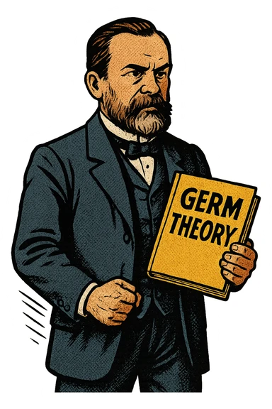 A doctor from the late 1800s standing with a book about the Germ Theory in his hand sticker