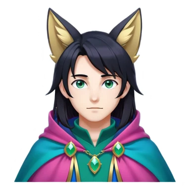 anime man with long-straight-dark-black hair, long black fox ears with pink Scapha, colorful-gradient-brown-turquoise eyes, gold earring, dark-blue-sweater, green cape, white pupils sticker