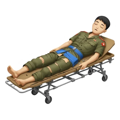 wounded man of oriental appearance, dressed in torn clothes, full length, with closed eyes, head lying on stretcher, in prone position, with injuries on black military stretcher, 1980 sticker