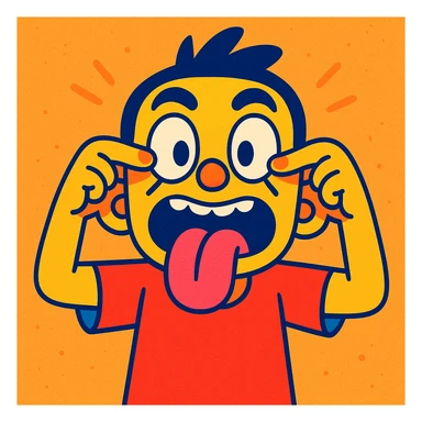 cartoon character performing the eyelid pulling gesture with tongue out, exaggerated expression, vibrant toon style sticker