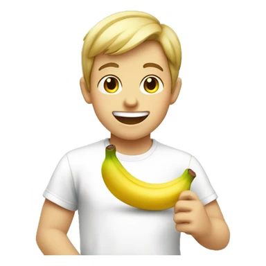 smiling boy in white shirt eating banana sticker
