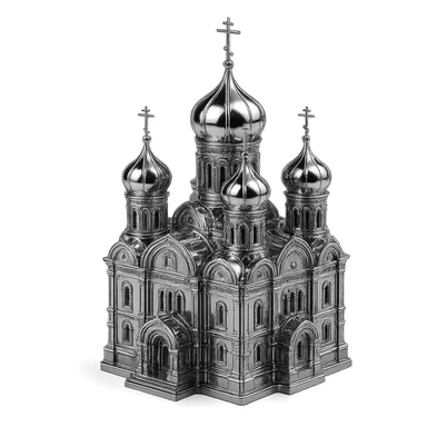 stylized chrome Orthodox cathedral with onion domes, intricate details, and a polished finish sticker