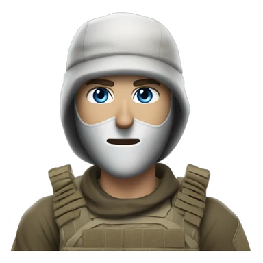 White male, call of duty black mask, camo tactical gear, tan combat boots, black beanie, blue eyes sticker