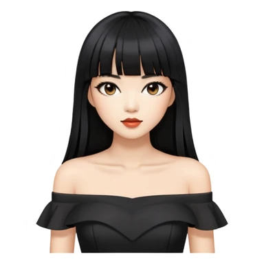 fashionable woman with Asian skin tone, long straight black hair with straight bangs, black off-shoulder outfit, and stylish makeup sticker
