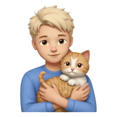 "Apple Memoji style 3D character, a young man person gently petting and hugging a cute fluffy cat, peaceful and happy facial expressions, soft studio lighting, clean 3D clay render, vibrant colors, minimalist aesthetic, high detail, high resolution, isolated on a plain white background." sticker
