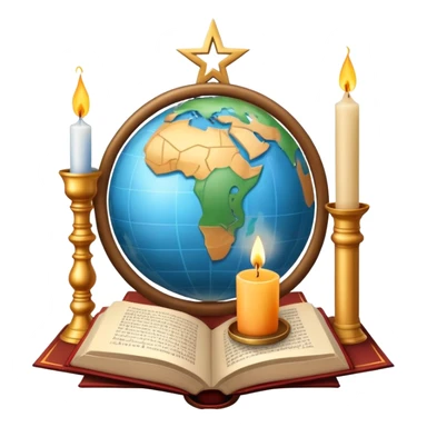 An icon featuring a holy book, a candle, a cross, and Islamic crescent and star, alongside a Buddhist wheel of Dharma, symbolizing religious studies. The design includes a globe with these symbols, representing the diversity of beliefs. Transparent background  sticker
