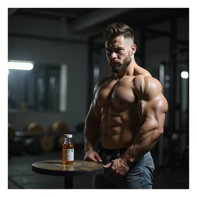realistic muscular powerlifter with reflective look, bottle of anabolic steroids (AAS) in foreground, gym environment, atmosphere of doubt and temptation, isolated on white background sticker