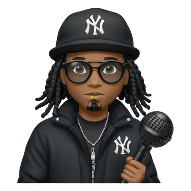 African American man with shoulder length black dreadlocks wearing black sunglasses with black bubble winter coat wearing black New York Yankees baseball hat rapping into a microphone sticker