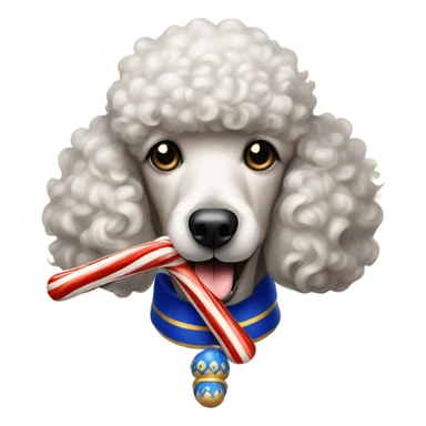 poodle holding royal blue and gold candy cane in its mouth sticker