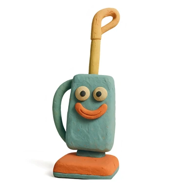 close-up of a playful upright vacuum with an expressive face in claymation style, pastel colors, detailed clay texture sticker
