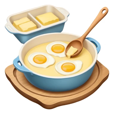 A cream ceramic baking bowl with a wooden spoon in it, a carton of eggs and butter sticker