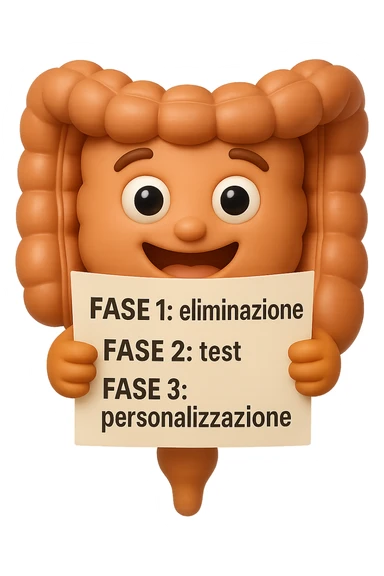 emoji stile iphone 3d di un intestino che tiene in mano un foglio con la scritta "FASE 1: eliminazione, FASE 2: test, FASE 3: personalizzazione, IPERREALISTICO 4K sticker