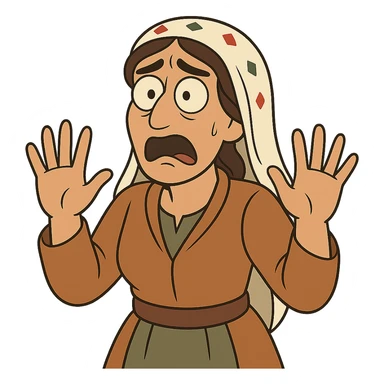 Kurdish sticker, cartoon style, Kurdish man or woman in jamadani, shocked or scared, wide eyes, hands up, no text sticker