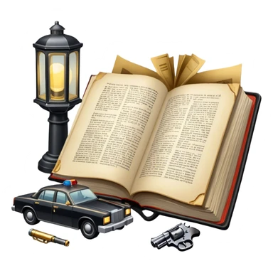 Icon for Action & Crime Reading: an open book with dramatic crime scenes—bullet holes on pages, a detective badge, a revolver and a getaway car. Surrounding elements include a flickering streetlight. Transparent background. sticker