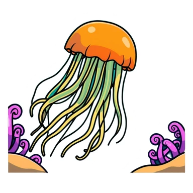 threatening glowing jellyfish with poisonous tentacles about to sting a surprised swimmer in the sea sticker