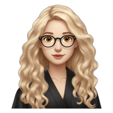 British white skin teenage girl very long wavy flax colored hair amber eyes rose gold round glasses white shirt black robe sticker