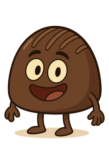 animated chocolate truffle, fun, with eyes and smile, cartoon style sticker