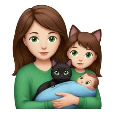 1 mom brown hair, 1 dad, 1 baby and 1 black cat sticker