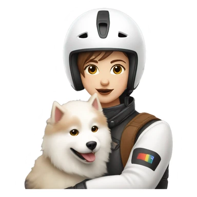 Girl biker white skin and brown short hair with a agv helmet hugging a Samoyed sticker