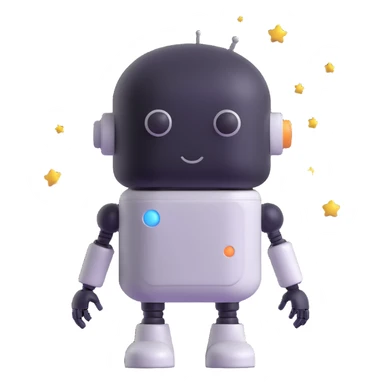 minimalist 3D cartoon-style icon of a dreaming robot with a pill-shaped head, eyes closed, soft features, small stars floating around, simple clean lines sticker