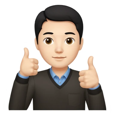 3D avatar of a Korean male frontend developer,
clean 5:5 middle part black hair,
no glasses,
close-up face portrait,
only head and one hand visible,
one hand making thumbs up gesture,
soft and friendly expression,
minimal style
 sticker