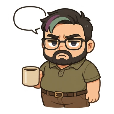 A realism art illustration art style of handsome plus-size man with black hair and a purple to green ombre streak, black beard, blue eye, glasses, dressed like a dad, holding a coffee mug, blank speech bubble, frowning  sticker