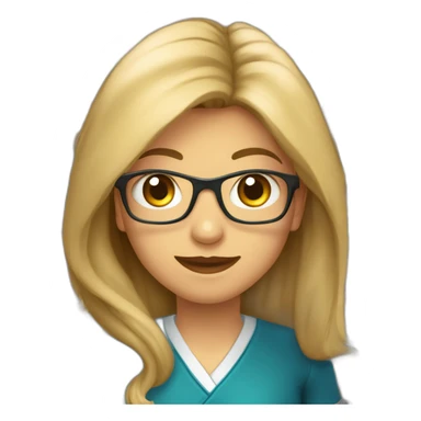 Profesora con pelo recto castaño y reflejos rubios, ojos azul verdosos, nariz pequeña, con un lunar entre la nariz y la boca  sticker