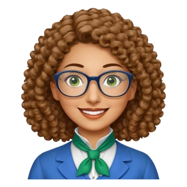 40 yr old Iranian woman, light brown very curly thick hair, shoulder length hair, green eyes, tan skin, big smile, big glasses, blue dress shirt with white cravat on neck sticker