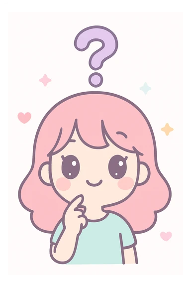 a girl with a question mark above her head, kawaii style sticker